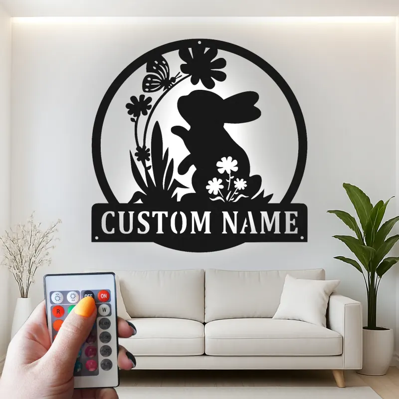 Insegna in metallo LED personalizzata con coniglio e farfalla, regalo per nursery, decorazione per stanza dei bambini