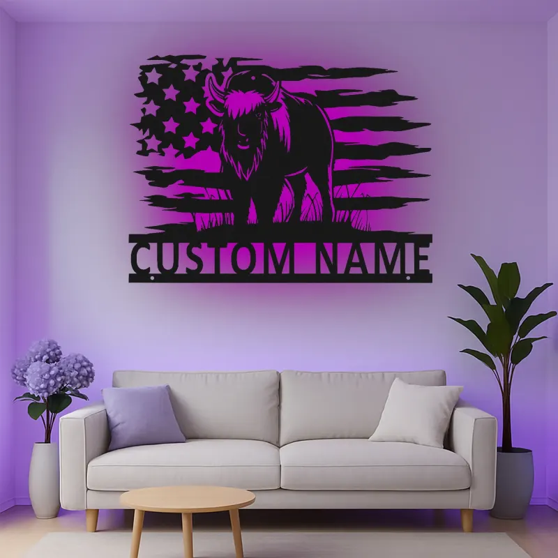 Insegna in metallo LED Bisonte Americano Personalizzata Regalo Patriottico Decorazione Rustica per Amanti della Fauna