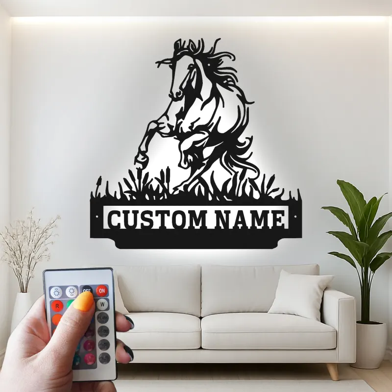 Custom Horse Metal Sign with LED | Personalized Equestrian Wall Art | Ranch Decor & Horse Lover Gift | Backlit Metal Signage