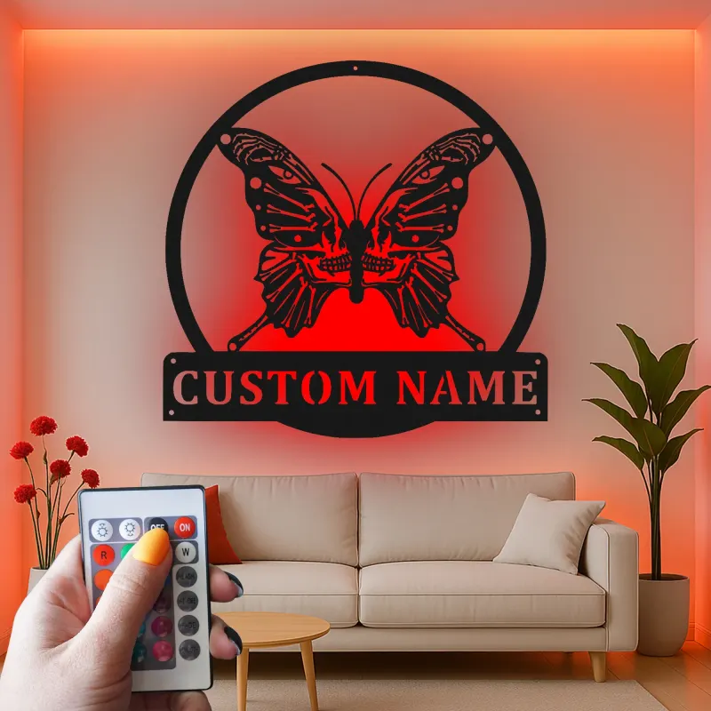 Insegna in metallo personalizzata con farfalla e teschio luce LED regalo unico per amanti del goth decorazione per camera da letto o soggiorno