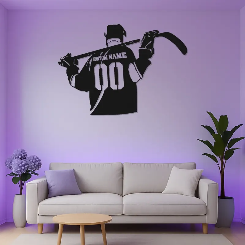 Cartel LED personalizado de jugador de hockey | Decoración mural de metal a medida | Decoración para habitación de aficionados al deporte y regalo para deportistas