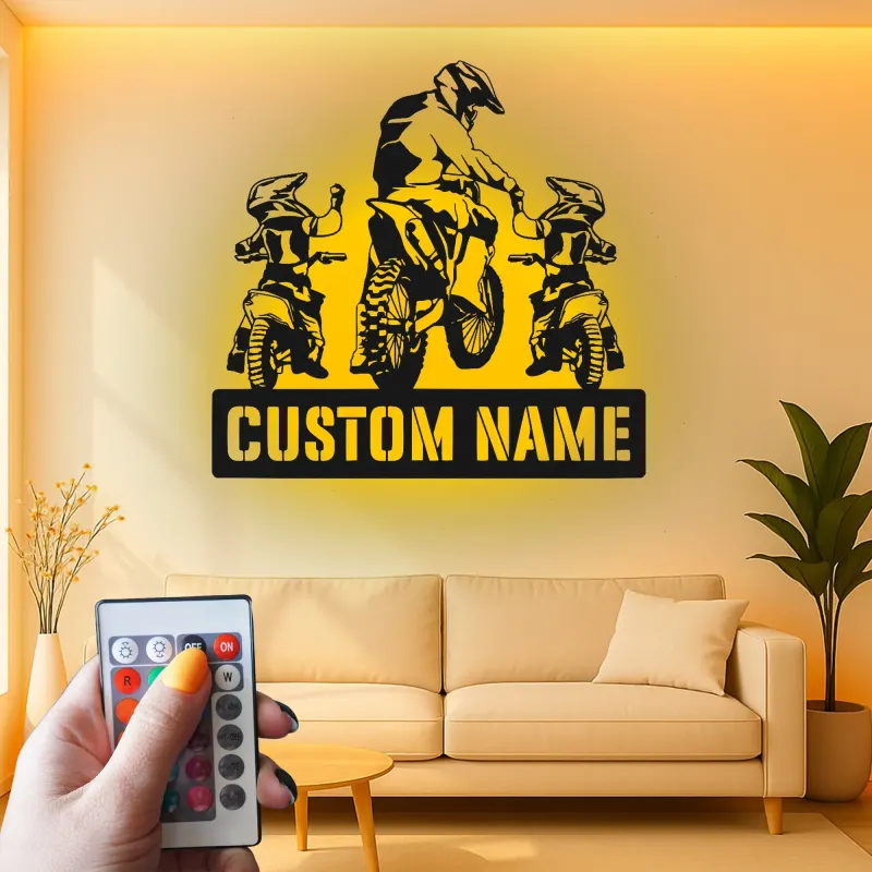 Insegna in metallo personalizzata Motocross Family con LED per appassionati di moto da cross, regalo per garage o man cave