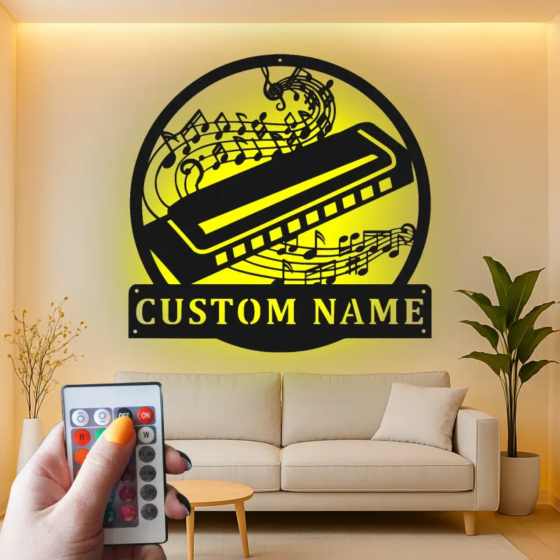 Enseigne LED personnalisée harmonica | Décoration murale en métal sur mesure | Décor pour salle de musique | Cadeau pour musicien et amateur de blues