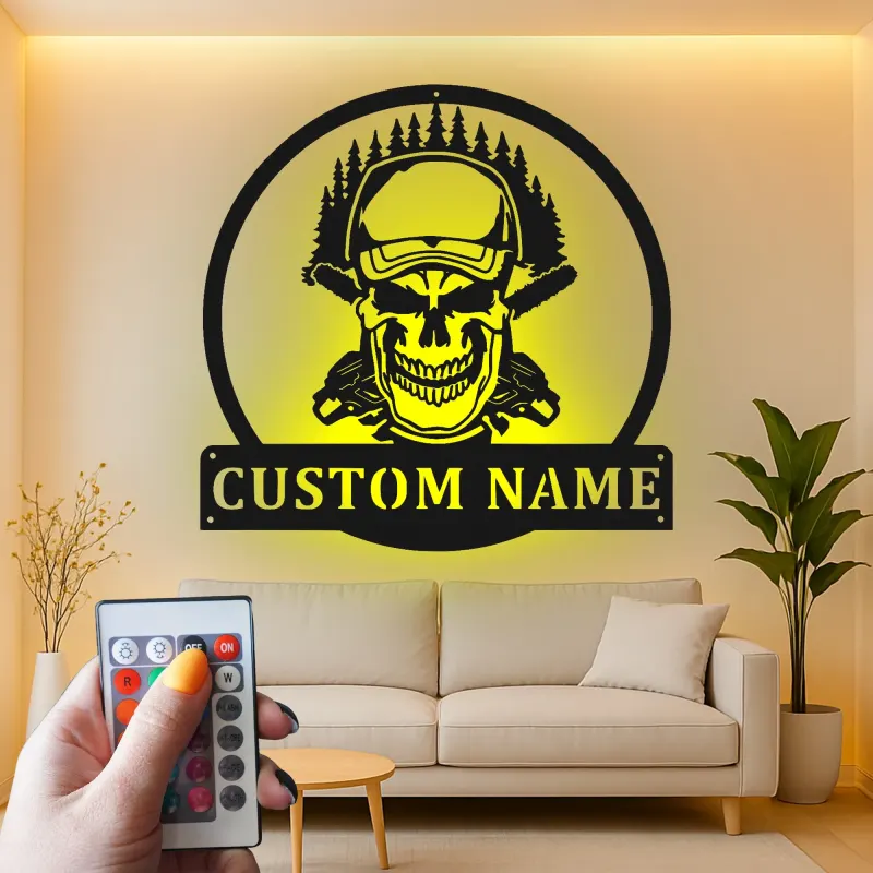 Panneau Métallique LED Crâne de Bûcheron | Art de Nom de Bûcheron Personnalisé | Décor Rustique de Forestier pour Garage ou Coin des Hommes | Cadeau pour Lui