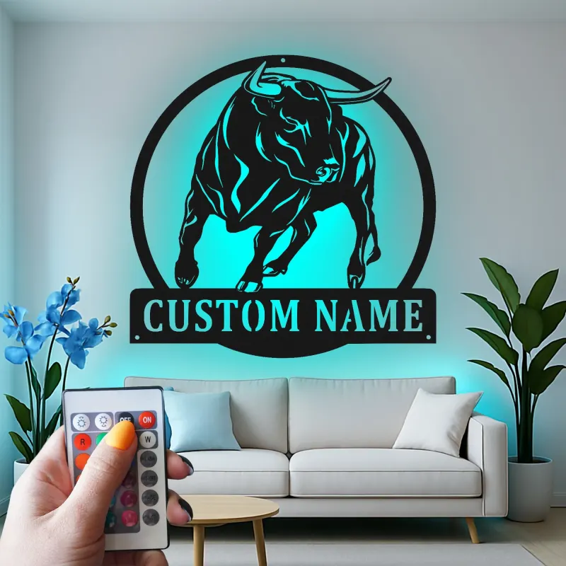 Décoration murale en métal personnalisée avec éclairage LED de taureau - Cadeau pour éleveurs - Décor de ferme rustique