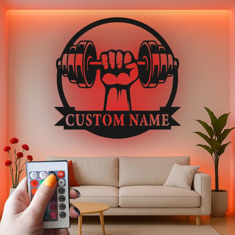 Custom Dumbbell Hand Grip Led Light Metal Wall Art Personalized Fitness Gift for Gym Lovers Home Gym Decor