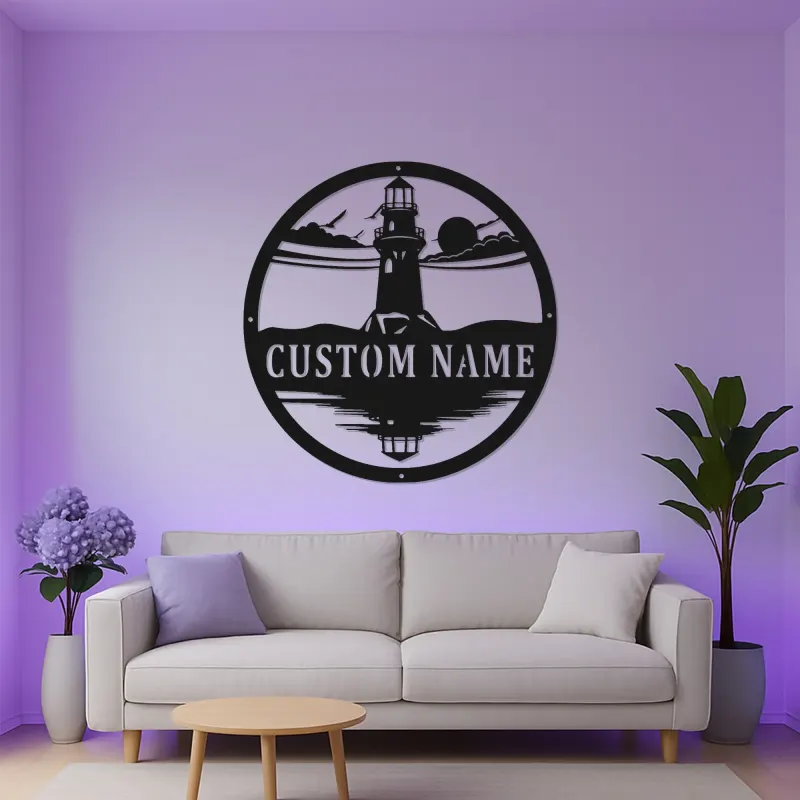 Panneau en métal phare LED personnalisé | Art mural nautique personnalisé | Décor côtier et maison de plage