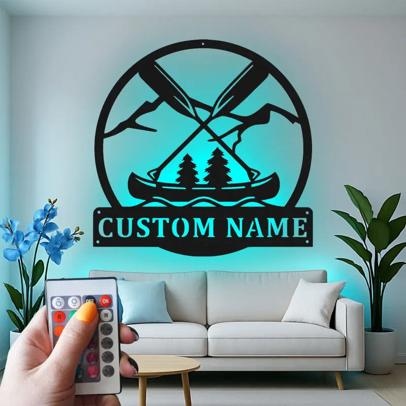 Décoration murale en métal personnalisée Aventure en Canoë avec rétroéclairage pour les passionnés d'extérieur