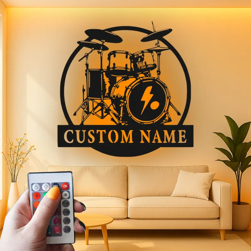 Custom Drum Set Led Light Metal Wall Art Personalized Musician Gift Studio or Music Room Decor 4