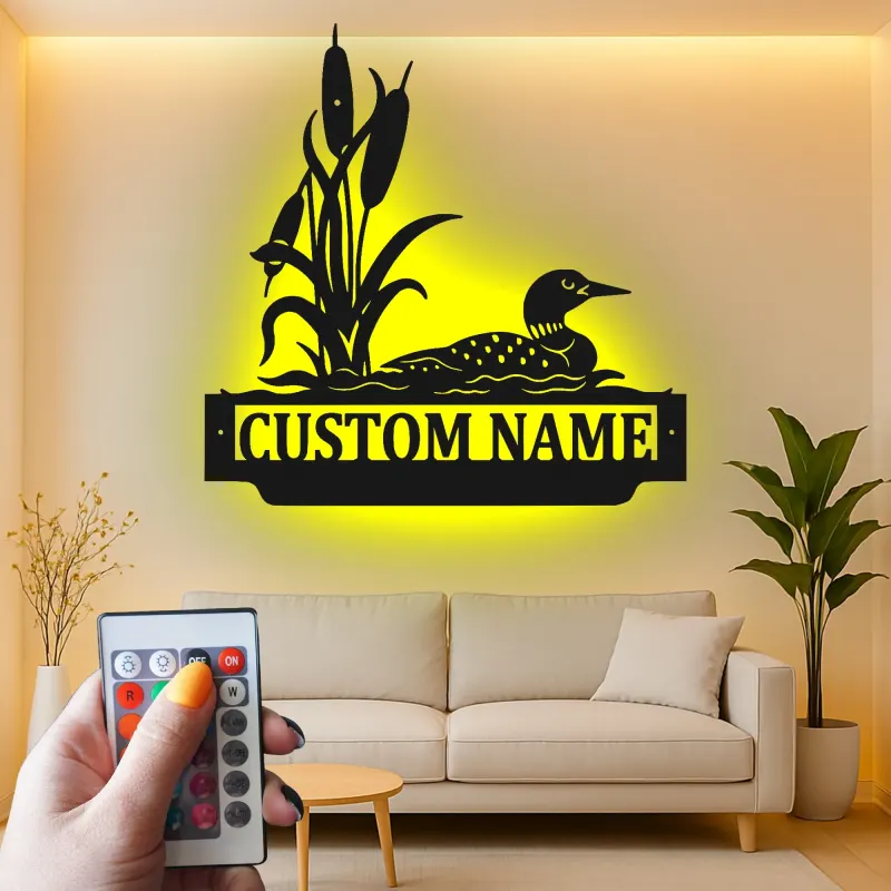 Panneau en métal Loon personnalisé | Décor de maison de lac rétroéclairé LED | Plaque de cabine personnalisée | Art mural sauvage rustique