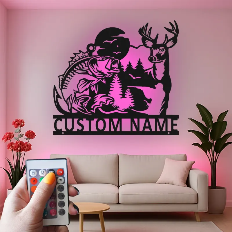 Insegna in metallo personalizzata con cervo e pesce persico retroilluminata LED regalo per amanti della natura decorazione per cabin o man cave