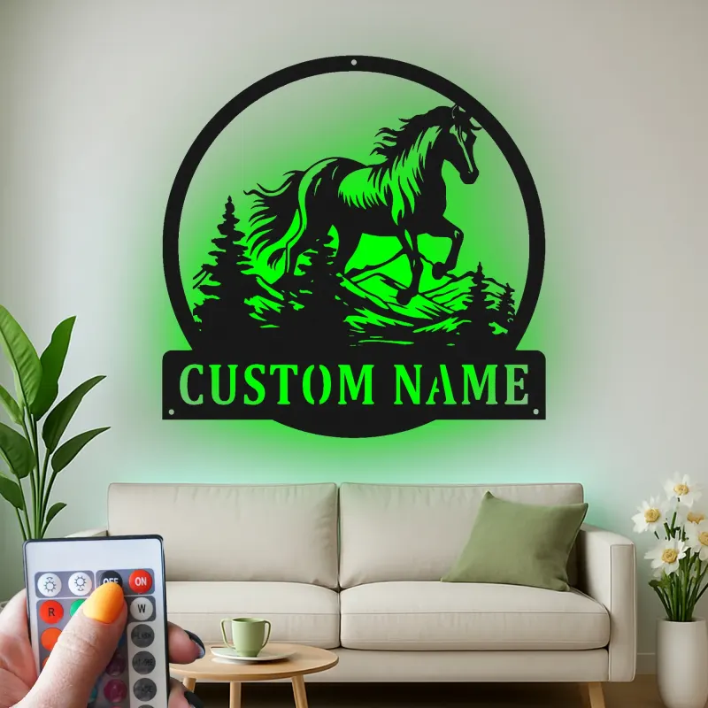 Insegna in metallo personalizzata con LED | Arte murale equestriana personalizzata | Regalo per amanti dei cavalli