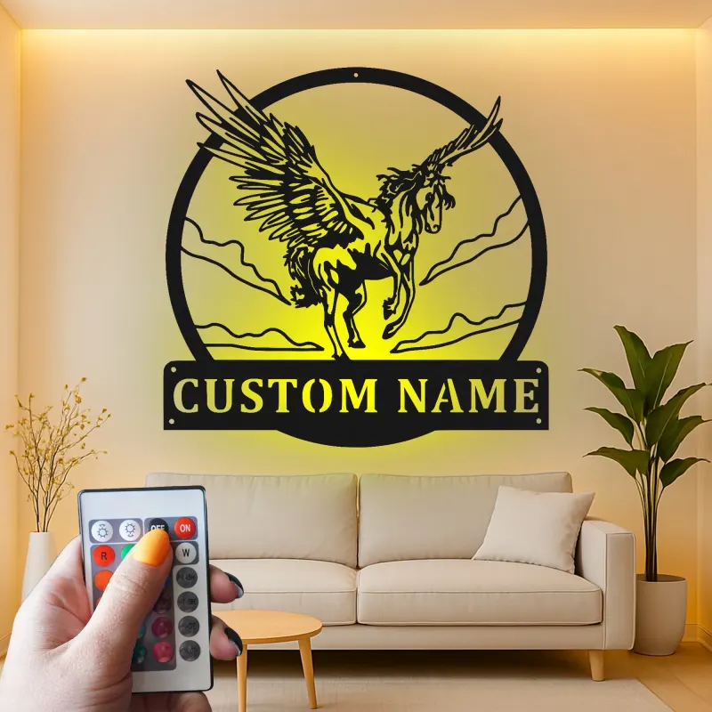 Décoration murale en métal LED Pégase | Enseigne de nom personnalisée pour nursery & chambre | Décor de cheval ailé mythique | Cadeau pour amateur de fantasy