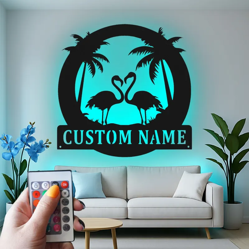 Panneau en métal Flamant Rose personnalisé | Art mural LED tropical | Décor de nom de maison de plage personnalisé | Cadeau décor de coucher de soleil