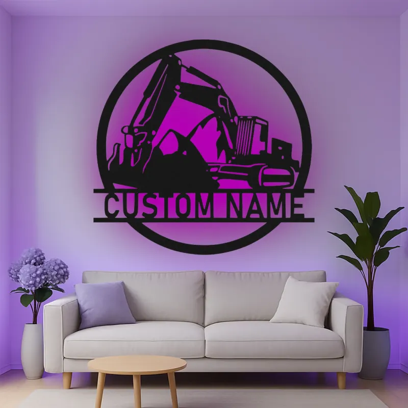 Cartel de metal LED personalizado de excavadora para regalo de construcción para él, decoración de garaje u oficina 1