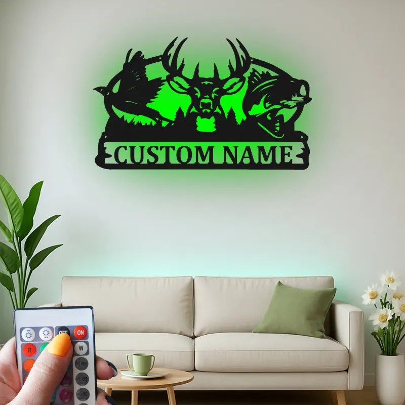 Cartel LED de escena de caza personalizado | Silueta de ciervo, pez y faisán de metal | Decoración personalizada para cabañas de vida silvestre | Regalo premium para cazadores