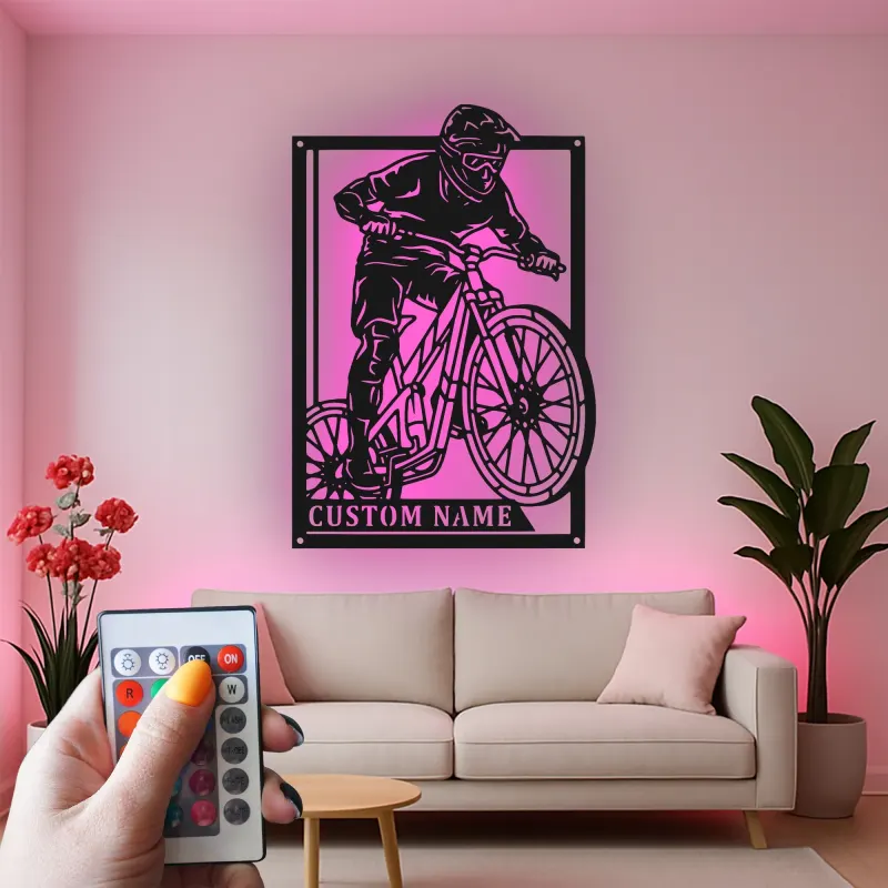 Personalized Mountain Biker LED Sign | Custom Metal Wall Art for Cyclist | Extreme Sports Decor Gift