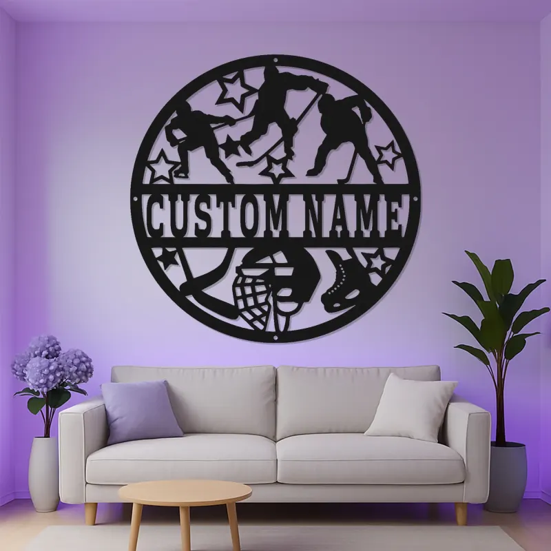 Decoración mural LED de hockey personalizada | Cartel de metal con nombre personalizado | Regalo para jugador de hockey | Decoración para habitación infantil y cueva masculina