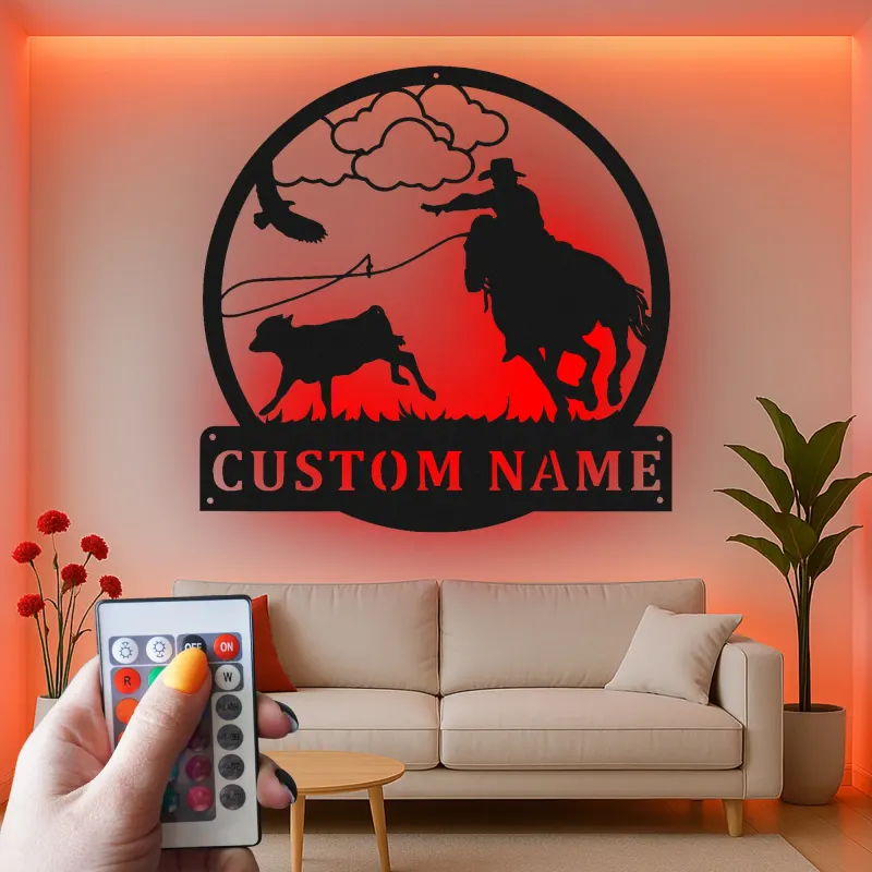 Personalisierte Cowboy-Rodeo-LED-Metall-Wandkunst – Western-Geschenk für Ihn, rustikale Ranch-Deko
