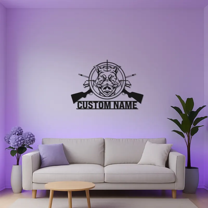 Personalized Wild Boar Hunting Sign | LED Metal Wall Art | Custom Hunter Name Decor for Cabin & Man Cave | Gift for Hunter