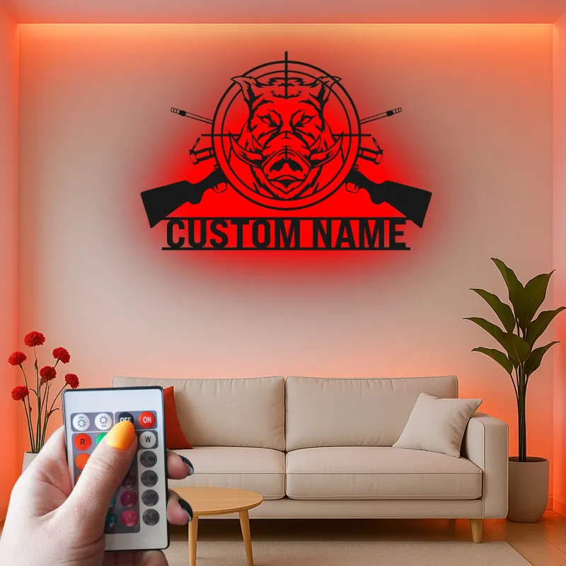 Personalized Wild Boar Hunting Sign | LED Metal Wall Art | Custom Hunter Name Decor for Cabin & Man Cave | Gift for Hunter