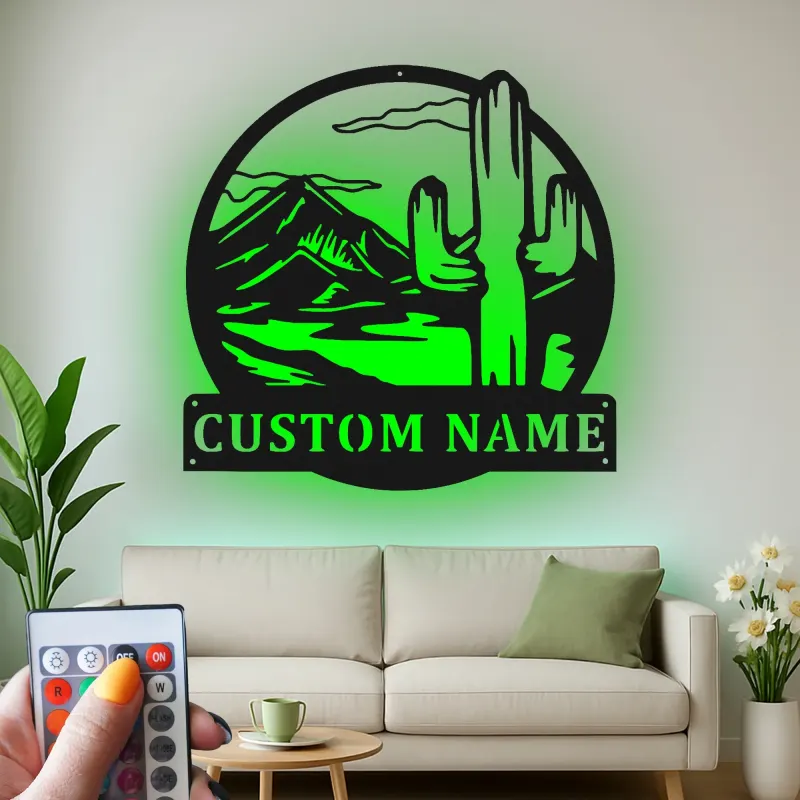 Custom Desert Cactus Led Light Metal Wall Art Personalized Southwest Gift Living Room or Patio Decor