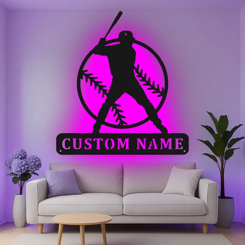 Décoration murale en métal personnalisée joueur de baseball avec rétroéclairage LED