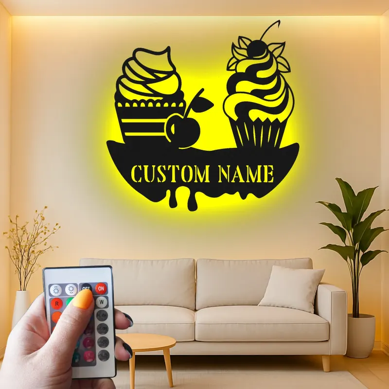 Décoration murale en métal personnalisée avec éclairage LED de cupcake - Décor de cuisine - Cadeau sucré pour les boulangers