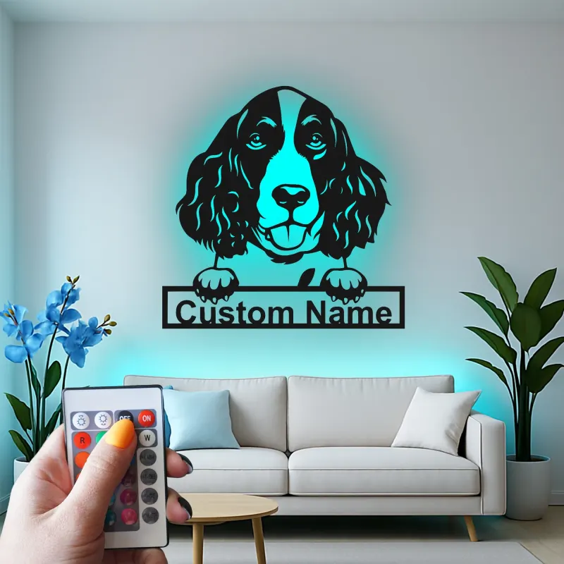 Cartel de metal LED de Springer Spaniel personalizado, regalo para amantes de perros, decoración de sala de estar