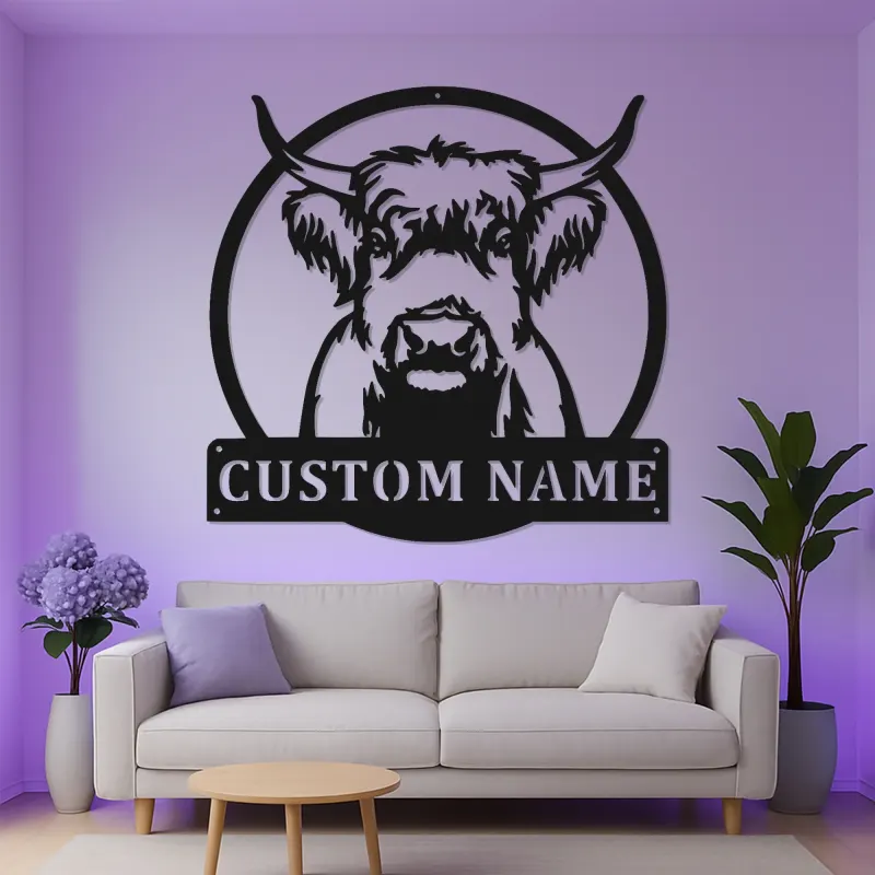 Highland Cow LED Metal Sign | Personalized Farmhouse Wall Art | Custom Family Name Decor for Rustic & Modern Homes
