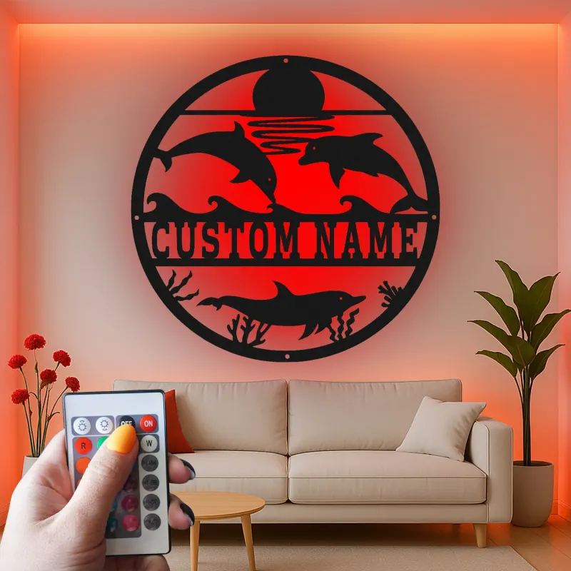 Décoration murale en métal personnalisée scène océanique avec dauphins et rétroéclairage LED cadeau pour maison de plage