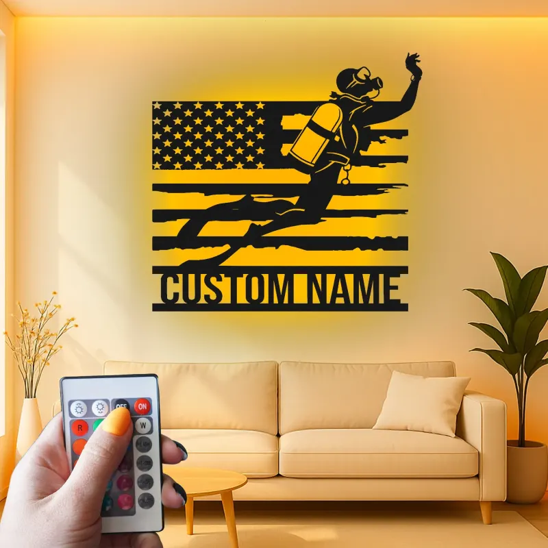 Scuba Diver American Flag LED Art | Personalized Metal Wall Decor | Custom Name Sign for Divers | Nautical Gift