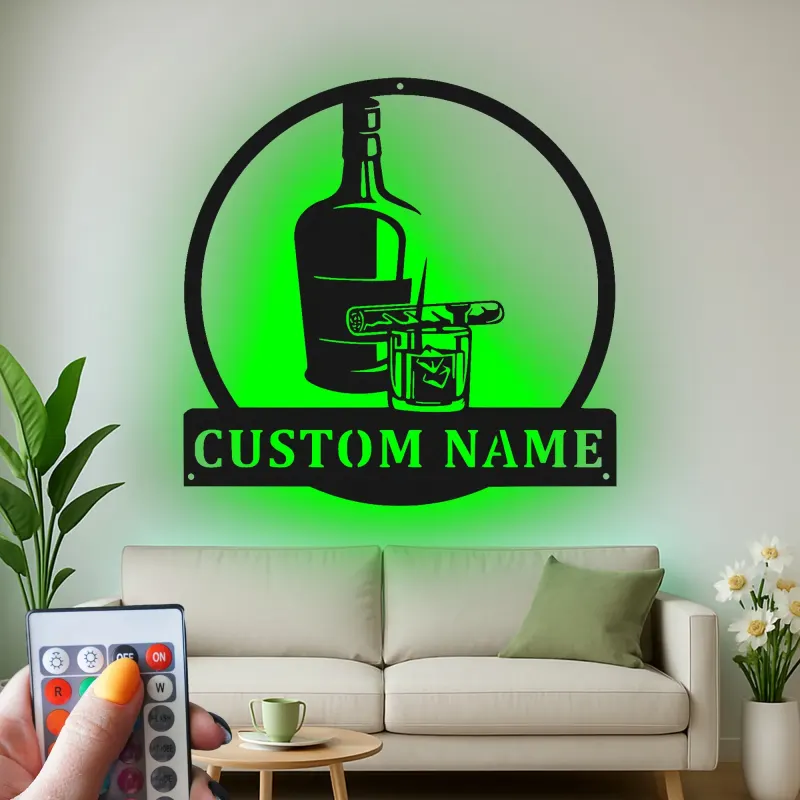 Décoration murale en métal personnalisée pour whisky et cigare avec rétroéclairage LED - Cadeau de bar personnalisé pour lui