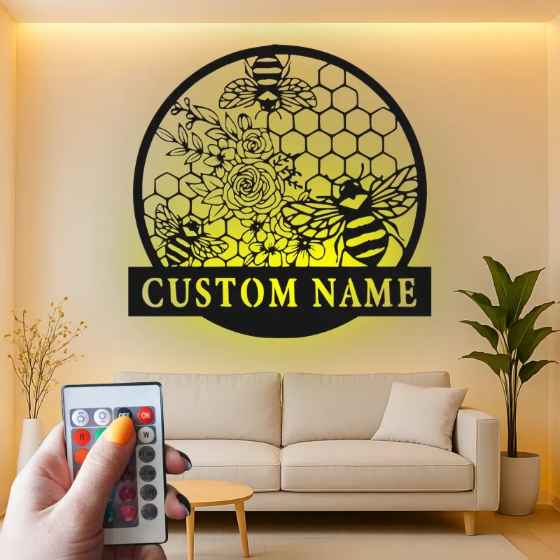 Personalisierte Bienen und Blumen LED Licht Metall-Wandkunst Geschenk für den Garten Natur-inspiriertes Wohnaccessoire
