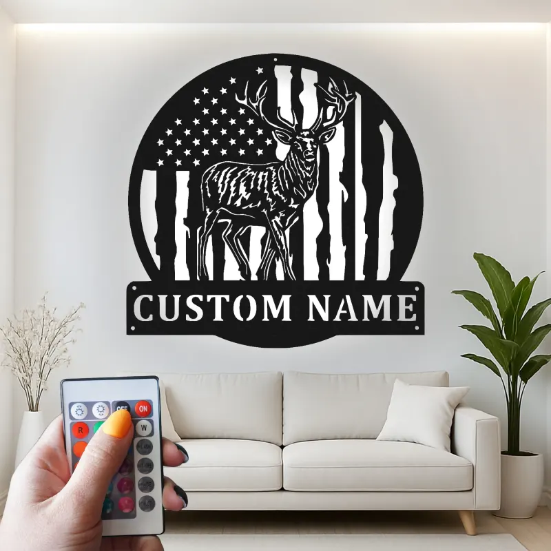 Décoration murale en métal personnalisée avec cerf et drapeau américain, éclairage LED, cadeau personnalisé pour chasseurs, décoration de cabane rustique 4