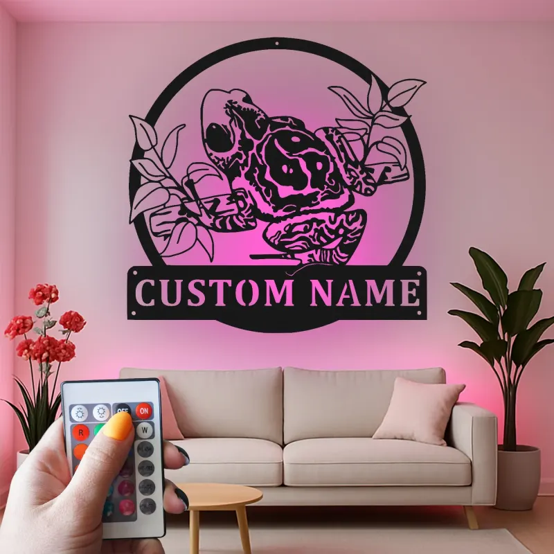Insegna LED in metallo con rana | Arte murale personalizzata con anfibio | Regalo per amanti della natura per casa, ufficio o cameretta