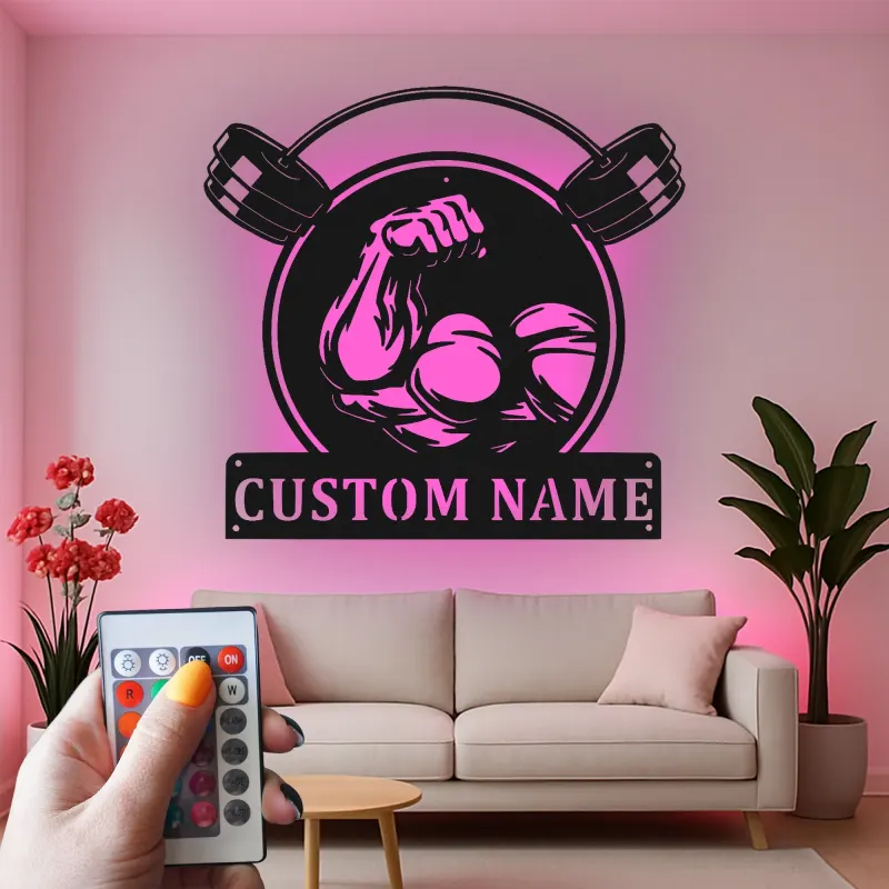 Insegna palestra personalizzata con LED | Arte da parete in metallo per sollevamento pesi | Arredo fitness su misura per home gym o studio