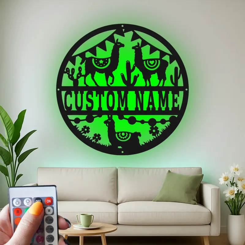Custom Llama Desert Scene Led Light Metal Wall Art Personalized Gift for Llama Lovers Living Room or Nursery Decor