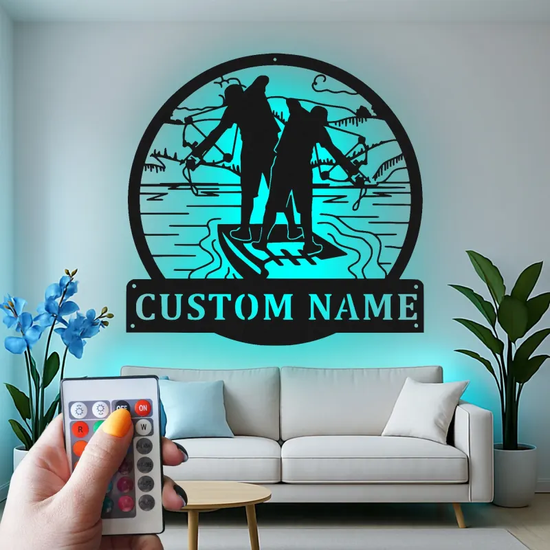 Insegna in metallo da pesca su misura | Arte murale LED personalizzata per casa al lago e baita | Regalo per pescatore