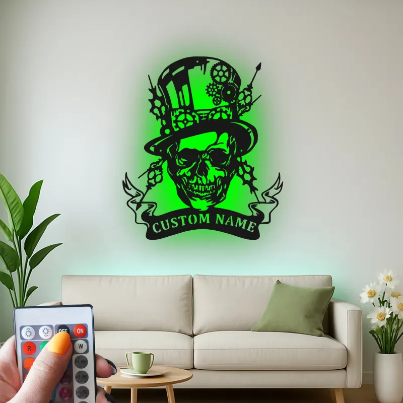 Insegna in metallo LED Teschio Steampunk | Insegna con Nome Personalizzato per Man Cave | Decorazione per Stanza di Gioco Gotica con Cappello a Cilindro e Ingranaggi