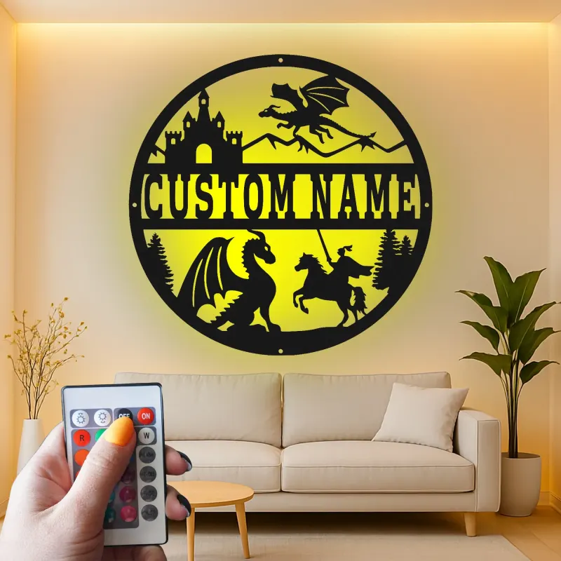 Insegna in metallo LED Drago e Castello Regalo Fantasia per Decorazione Camera Bambini per Amanti dell'Avventura