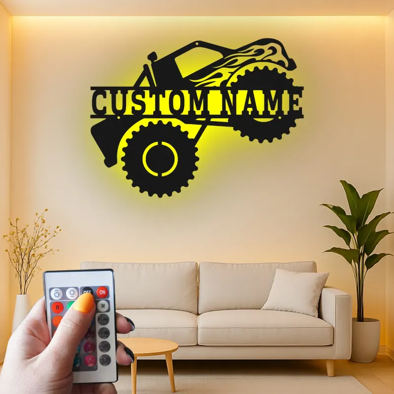 Personalized Monster Truck LED Metal Sign | Custom Name Wall Art | Garage Decor, Man Cave & Gift for Truck Lovers