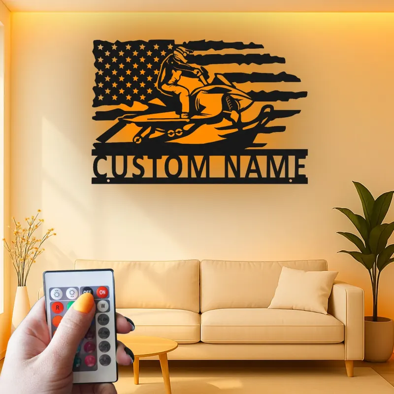 Custom Snowmobile Metal Sign | Personalized American Flag LED Art | Winter Sports Decor for Garage | Snowmobiler Gift for Him