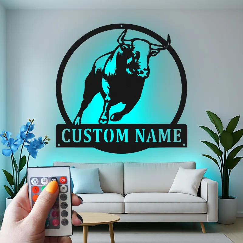 Insegna in metallo personalizzata con luce LED a forma di toro per decorare il ranch, regalo in stile western per la man cave