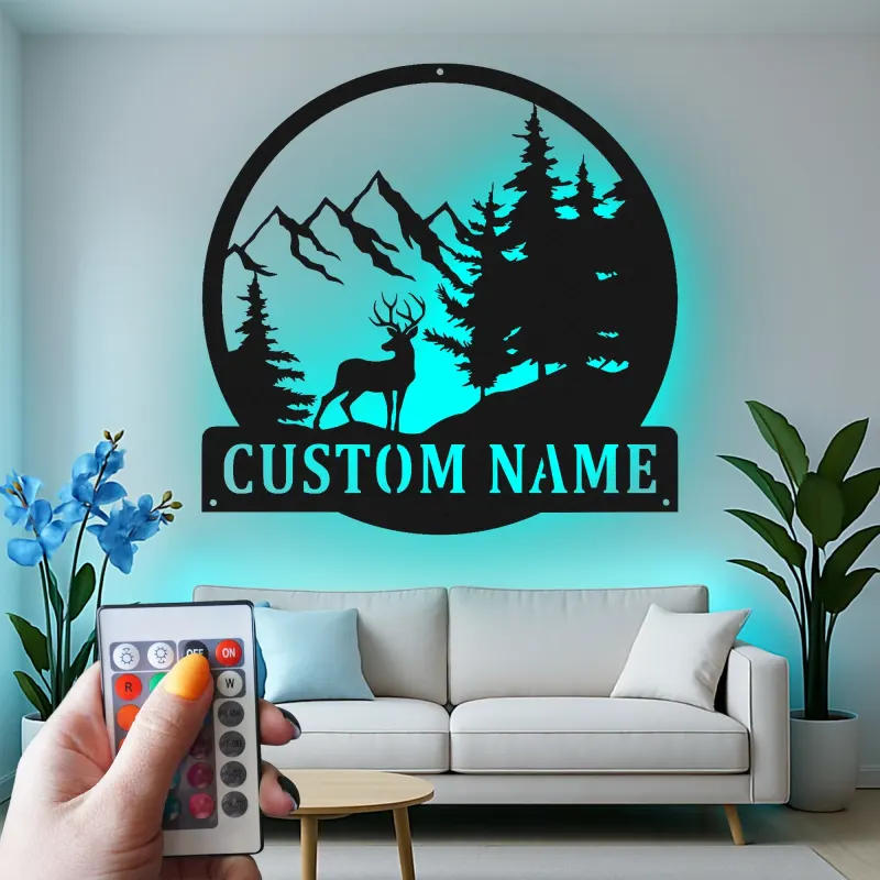 Custom Deer Mountain Scene Led Light Metal Wall Art Personalized Nature Lover Gift Cabin Decor