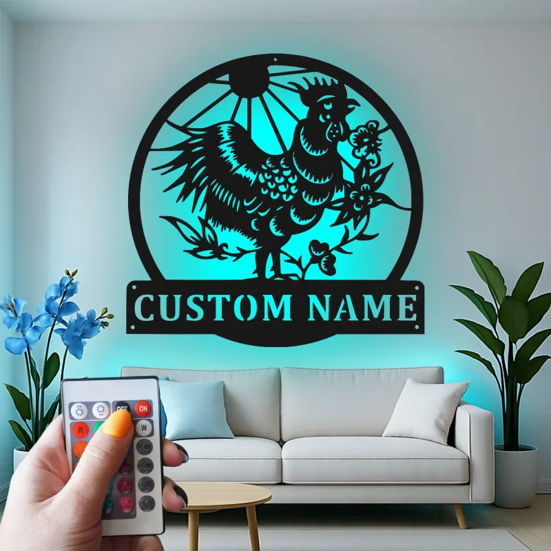 Cartel Personalizado de Gallo | Arte Mural de Metal LED para Granja | Decoración de Pollo Personalizada para la Cocina | Cartel de Bienvenida Campestre
