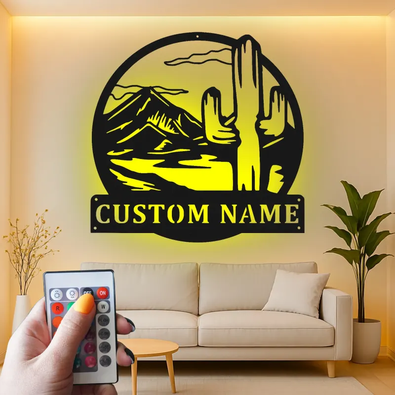 Décoration murale en métal personnalisée Cactus du désert avec rétroéclairage LED Cadeau du Sud-Ouest pour le salon ou la terrasse 2