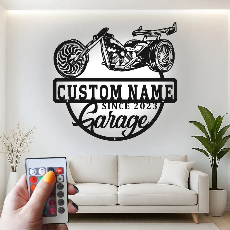 Décoration murale en métal LED personnalisée pour garage de moto - Cadeau personnalisé pour motards, décoration de man cave ou de garage