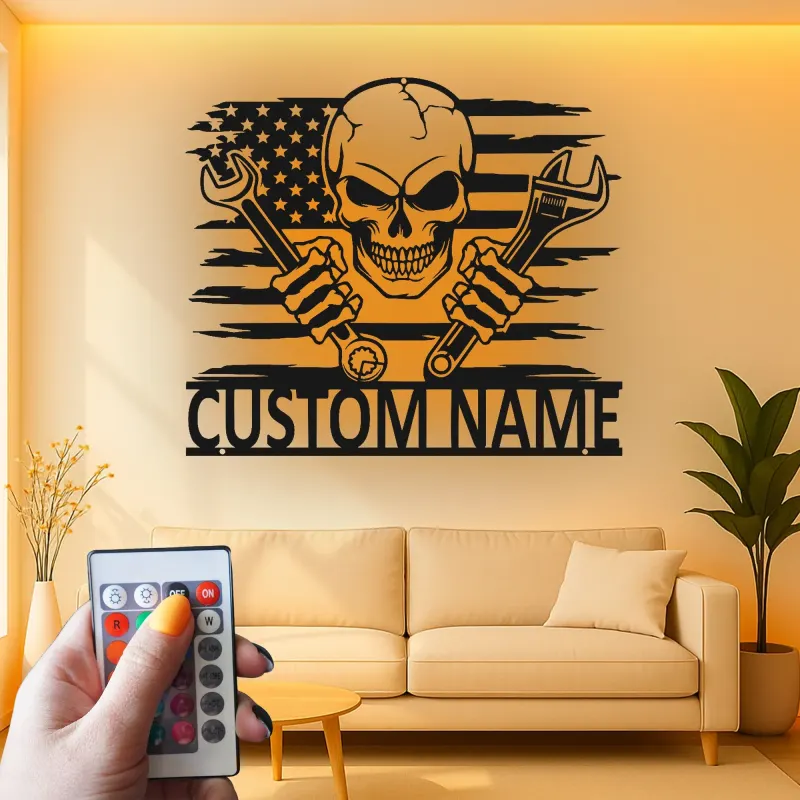 Art mural en métal LED avec crâne patriote | Panneau de garage mécanicien personnalisé | Décoration de man cave pour lui
