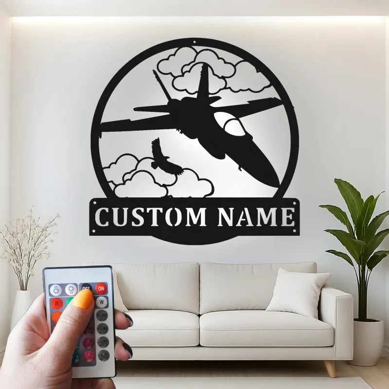 Fighter Jet Metall-Wandkunst | Personalisiertes LED-Schild für den Man Cave | Individuelles Geschenk für Piloten | Militärische Flugzeugdekoration